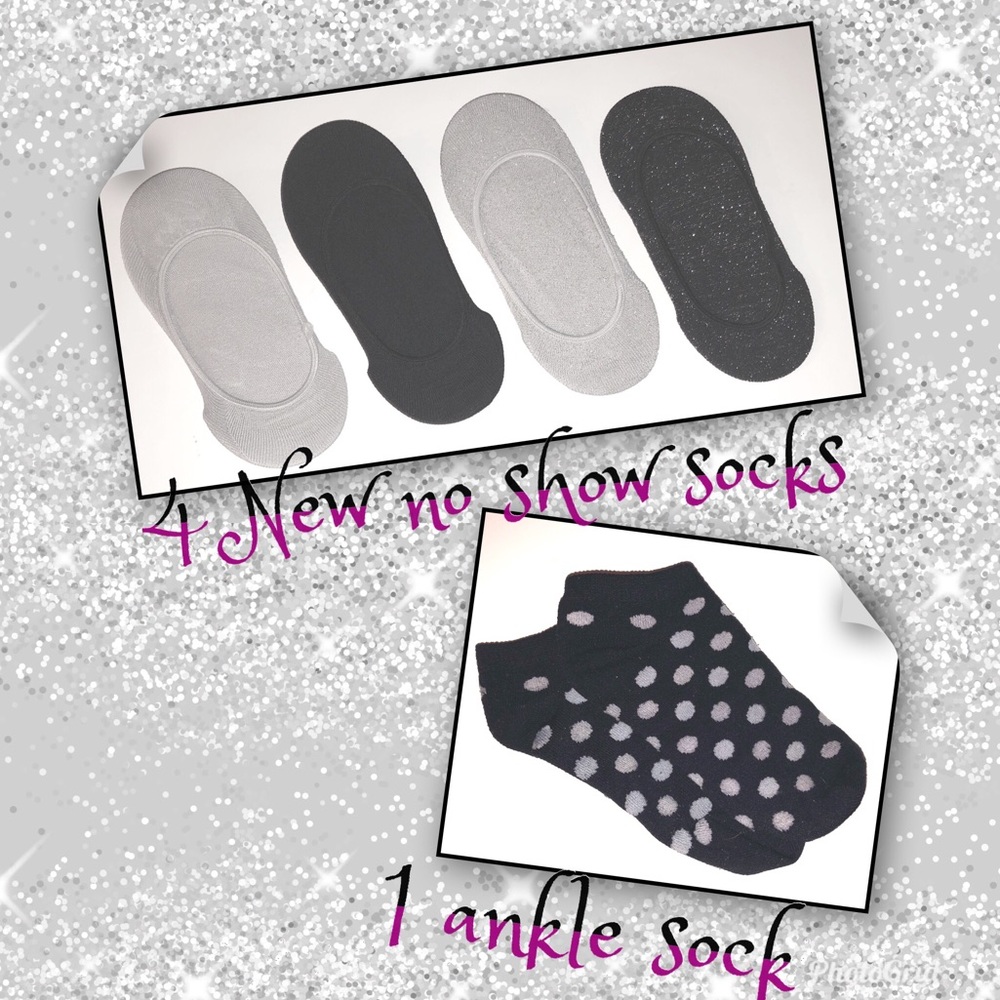 NEW, 4 PAIRS OF NO SHOW SOCKS & ONE ANKE SOCK